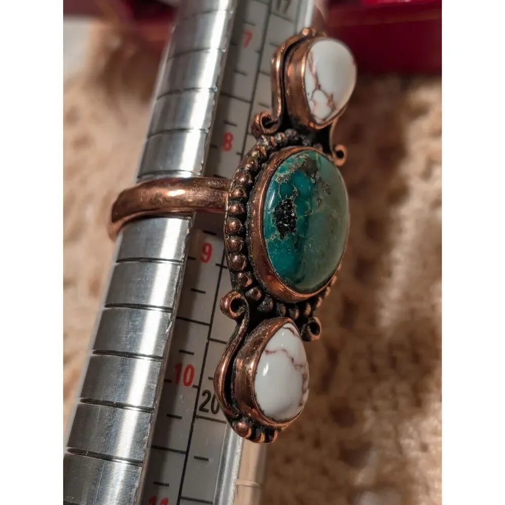 Copper Ring with White Horse & Kingman Turquoise